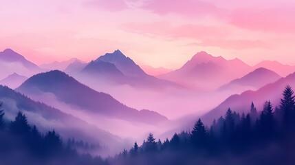 Obraz premium Misty mountain range surrounded by pine forest under a dreamy pink purple sky with soft light and serene atmosphere