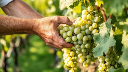 Obraz premium hands of a farmer gently picking grapes, vivid green vineyard backdrop, sunlit and abundant harvest, rustic and organic feel, celebration of agriculture