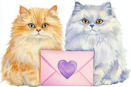 Adorable Cats with Heart Card for Valentine's Day Watercolor Painting Romantic Couple Illustration Generative AI - Powered by Adobe