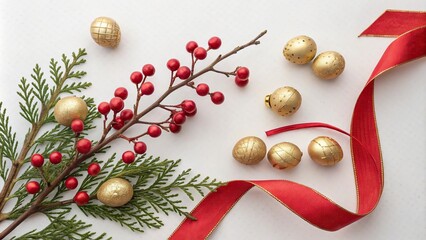 Christmas decorations with tree branches and baubles frame isolated on white background