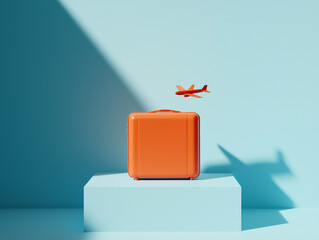 Koffer bereit für den Urlaub unter dem fliegenden Flugzeug.

