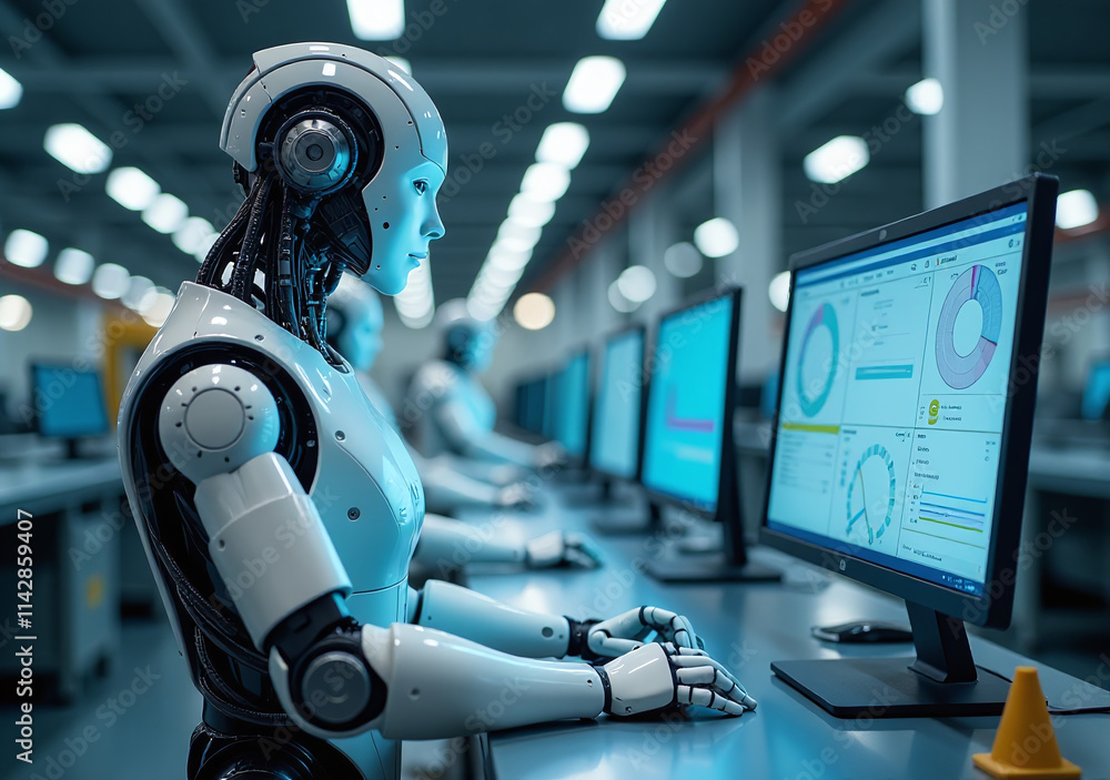 Poster automated robots monitor machines remotely smart factories efficient production quality control digi