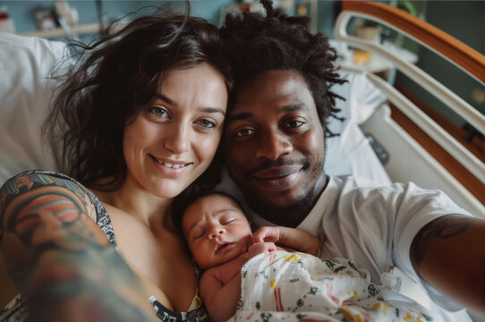 Multiracial tattooed couple taking a selfie with their newborn baby while lying in a hospital bed - Powered by Adobe