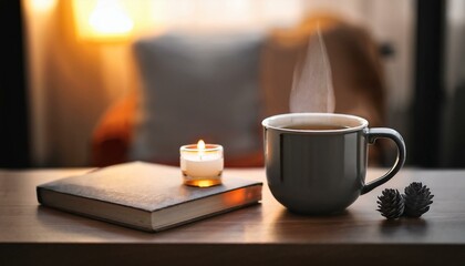 Fototapeta premium A scene with a stylishly designed mug filled with hot tea, a small book and incense on the table creating a cozy atmosphere.