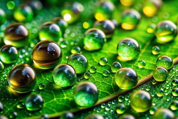 Naklejka premium Rain Drops on Leaf Closeup - Nature Photography, Macro Photography, Water Droplets, Dew Drops, Plant Photography