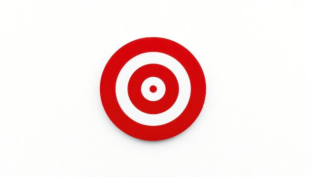 Simple red, white target on white background. Minimalist design. Goal oriented. Achieving objective. Geometric shape. Success symbol. Abstract graphic design. Focus concept. Sharp target. Clear