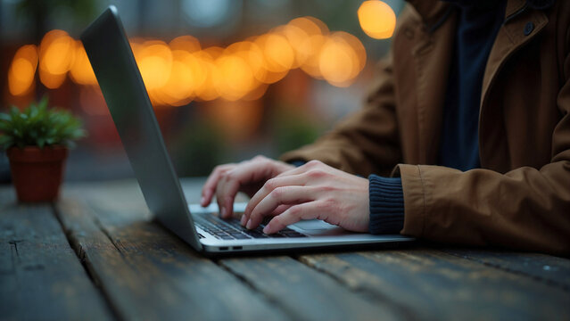 Outdoor work scene featuring laptop on table with potted plant and warm blurred lights ideal for modern work visuals