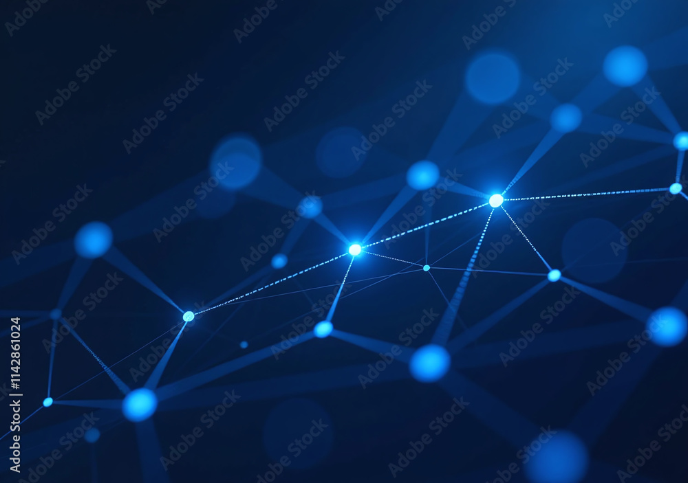 Poster blue lines nodes form simple geometric shapes dark blue background futuristic digital look sharp