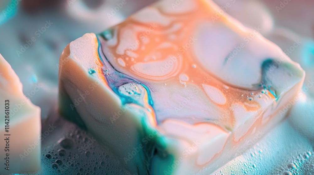 Poster a soap bar sitting on a countertop, ready for use