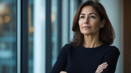 confident mid-aged latin female executive, arms crossed, gazing thoughtfully out an office window, embodying leadership and success, set against a modern office backdrop