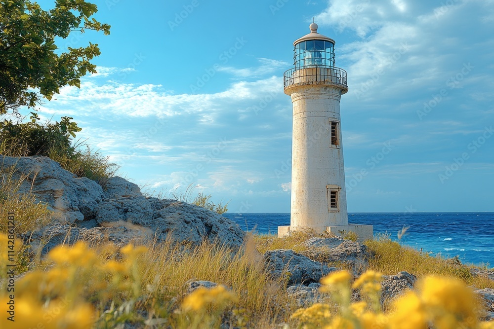 Poster a lighthouse standing tall on the edge of a cliff overlooking the vast ocean
