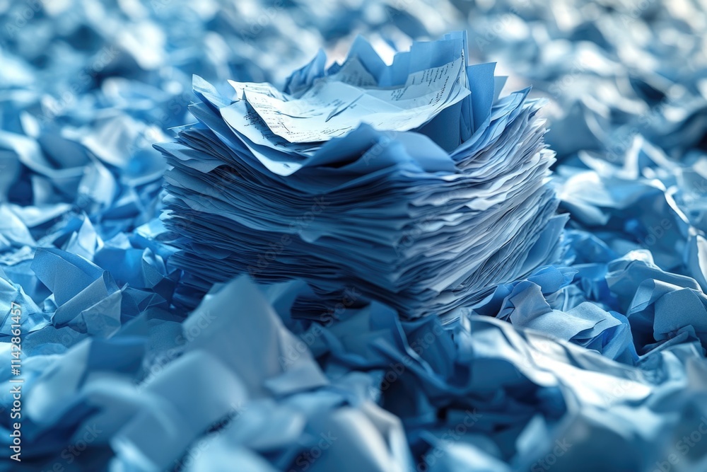 Poster a stack of blue paper sheets sitting on top of another stack, with a clean and minimalist aesthetic