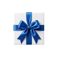 White gift box on top view with blue silk ribbon bow isolated on transparent background