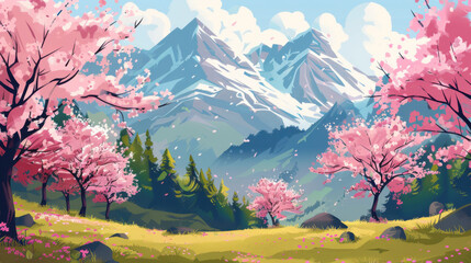 A landscape with blooming cherry trees against mountain backdrops.