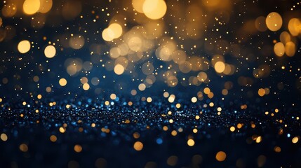 dark blue background adorned with shimmering gold particles, creating a luxurious bokeh effect, perfect for conveying a festive holiday spirit and elegance