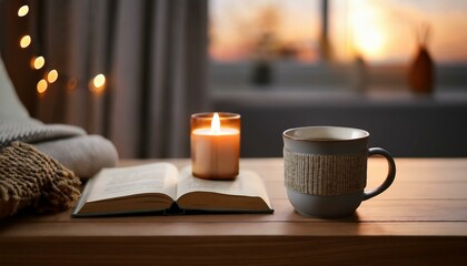 A scene with a stylishly designed mug filled with hot tea, a small book and incense on the table creating a cozy atmosphere.