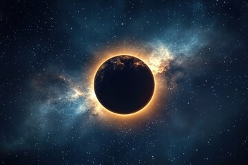 Fototapeta premium A solar eclipse with the sun being blacked out by Earth's shadow, surrounded by stars and nebulae in space.