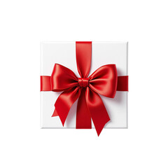 White gift box on top view with red silk ribbon bow isolated on transparent background