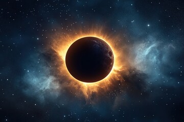 Naklejka premium A solar eclipse with the sun being blacked out by Earth's shadow, surrounded by stars and nebulae in space.