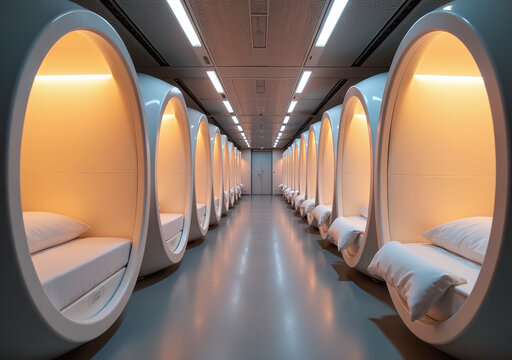 capsule hotel features rows illuminated sleeping pods futuristic neat design environment focus comfort