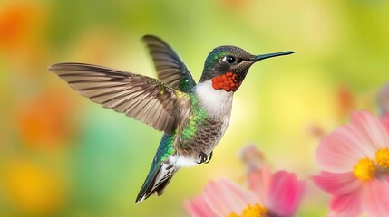 Fototapeta premium hummingbird in mid-flight, its iridescent feathers shimmering in sunlight, capturing the beauty and grace of nature with a blurred floral background enhancing its vibrant colors