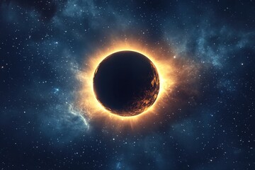 A solar eclipse with the sun being blacked out by Earth's shadow, surrounded by stars and nebulae in space.