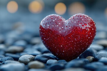 Obraz premium A red heart sits atop a pile of rocks, conveying love and resilience