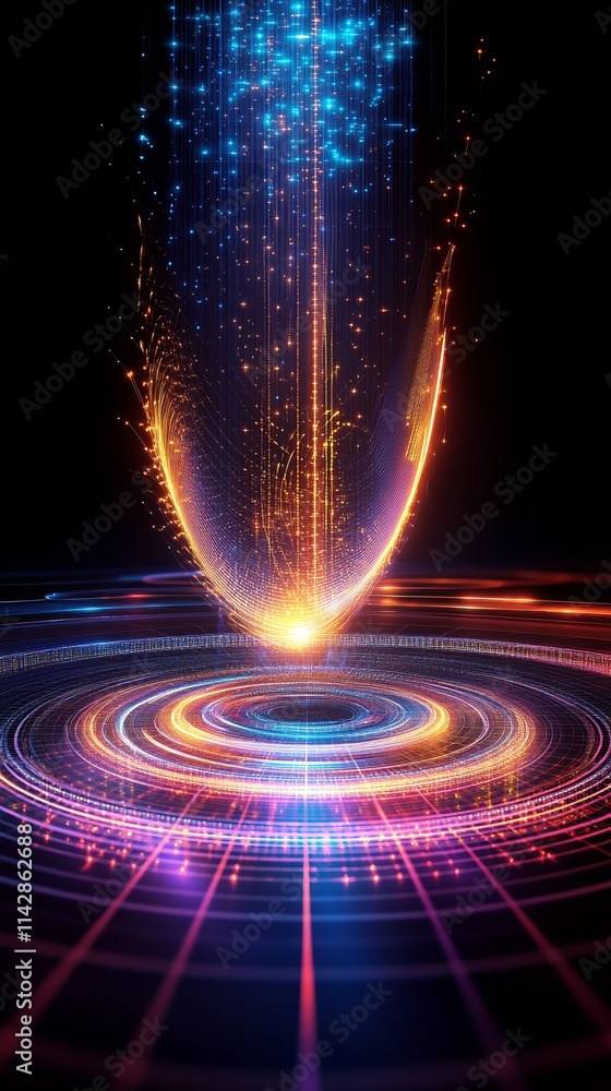 Poster abstract digital artwork featuring colorful light patterns and sparkling effects in a dark environme