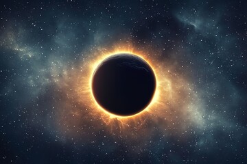 A solar eclipse with the sun being blacked out by Earth's shadow, surrounded by stars and nebulae in space.