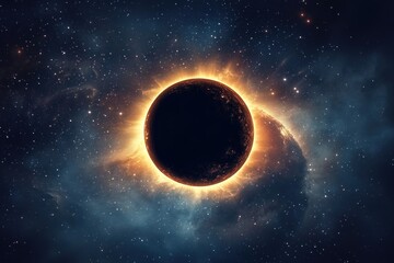 A solar eclipse with the sun being blacked out by Earth's shadow, surrounded by stars and nebulae in space.