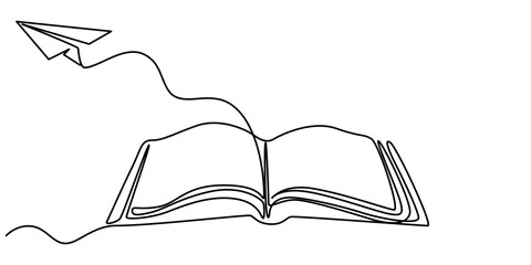 Continuous one line drawing of open book with flying paper plane. Vector illustration on white background, Continuous one line drawing of open book and flying paper plane. Single line drawing.