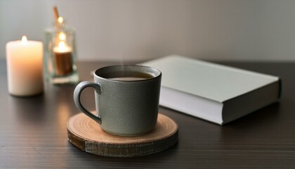 A scene with a stylishly designed mug filled with hot tea, a small book and incense on the table creating a cozy atmosphere.