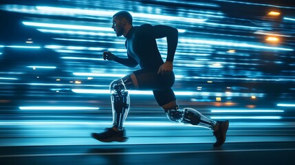 Athlete sprinting dynamically with high tech prosthetic leg against a neon blue backdrop, showcasing futuristic speed and athleticism