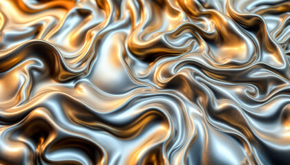 Fototapeta premium Liquid metallic textures in swirling shades of gold and silver, reflecting light to create a futuristic design that captures a sense of movement and elegance, perfect for modern aesthetics. 