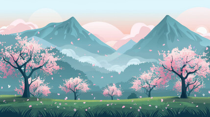 A landscape with blooming cherry trees against mountain backdrops.