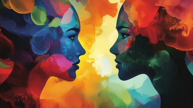 imagery of two opposing forces illustrated with vibrant colors and abstract forms, representing conflict and tension, creating a thought-provoking visual narrative