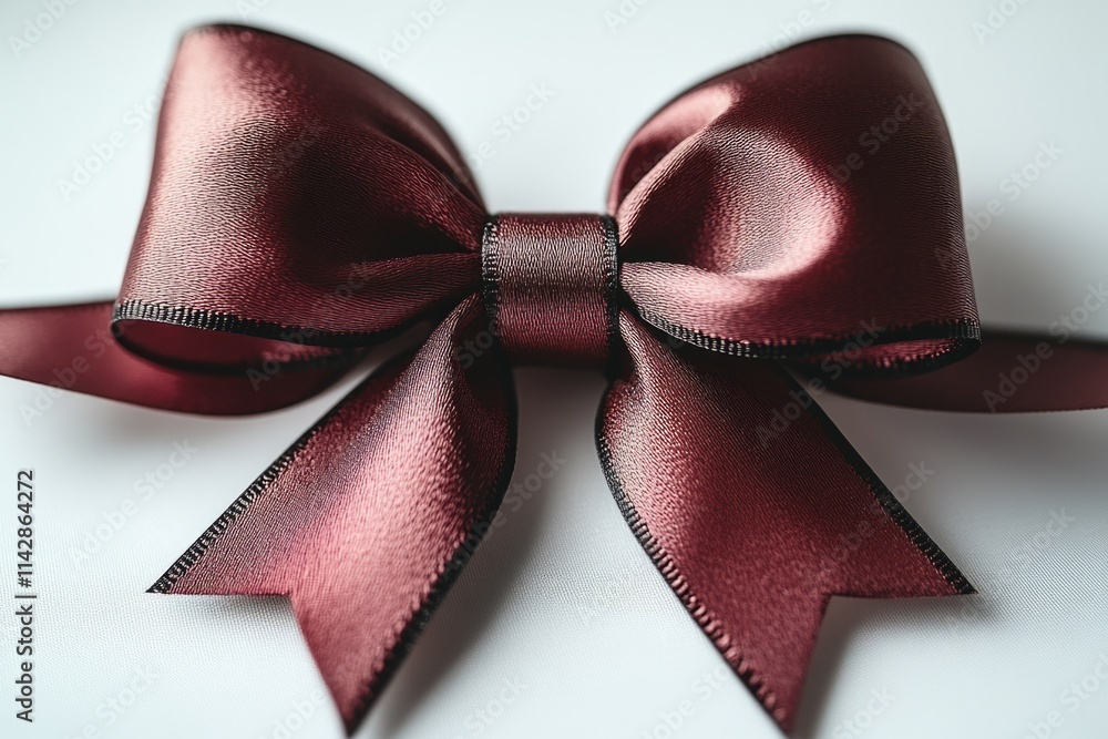 Poster close-up shot of a bright red bow resting on a clean white surface, ideal for decorative and design 