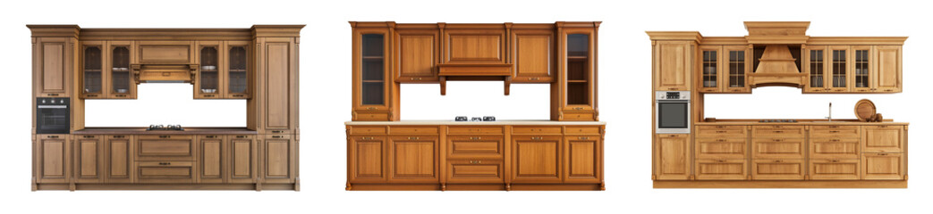 Luxury wooden kitchen cabinets with glass doors  isolated on a white or transparent background, Cut out PNG