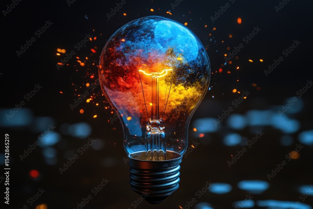 Poster a creative illustration of a glowing light bulb with a smiley face, perfect for use in designs relat