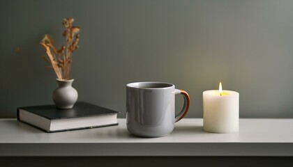 A scene with a stylishly designed mug filled with hot tea, a small book and incense on the table creating a cozy atmosphere.