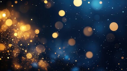 festive christmas and new year banner with abstract golden bokeh lights shimmering against a deep blue backdrop, creating a joyful and celebratory mood, perfect for holiday greetings