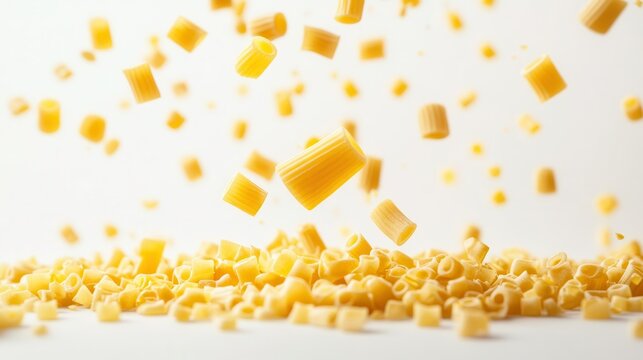 falling raw tubetti rigati pasta in a flurry, isolated on a crisp white background, capturing the lively essence of italian cuisine and its culinary charm in a playful and dynamic composition