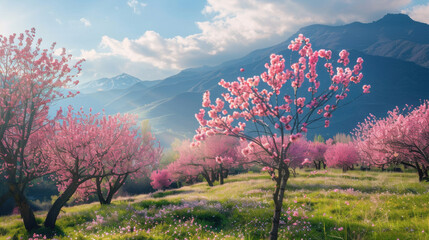 A landscape with blooming cherry trees against mountain backdrops.