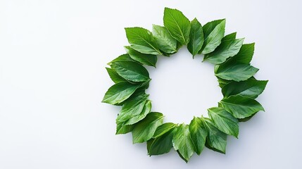 innovative green recycling symbol crafted from natural leaves against a clean white background, representing ecological responsibility and sustainable practices
