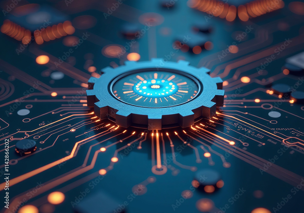 Poster digital tech concept uses futuristic circuit board paper gear display content modern efficient digit