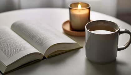 Naklejka premium A scene with a stylishly designed mug filled with hot tea, a small book and incense on the table creating a cozy atmosphere.