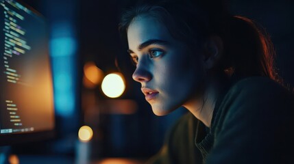 focused young programmer deeply engaged in coding on a desktop pc, showcasing the modern tech workspace with screens aglow, reflecting dedication and innovation