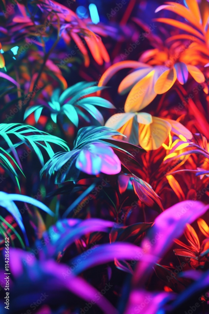 Aufkleber a close-up shot of various plants illuminated by neon lights, perfect for highlighting unique design
