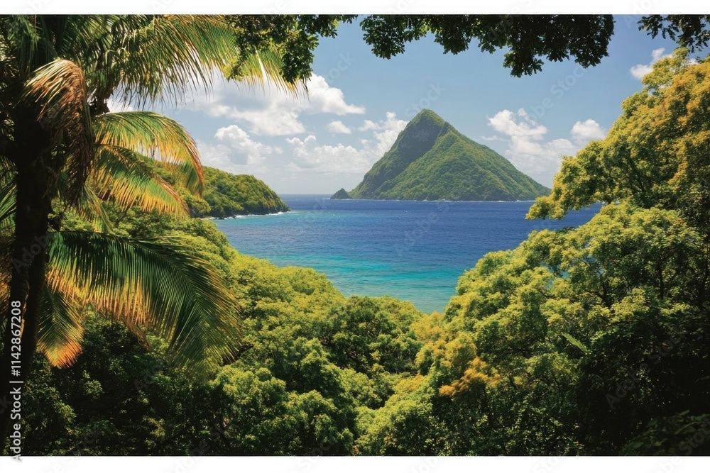 Poster a serene view of a tropical island with a majestic mountain in the background, perfect for use as a 