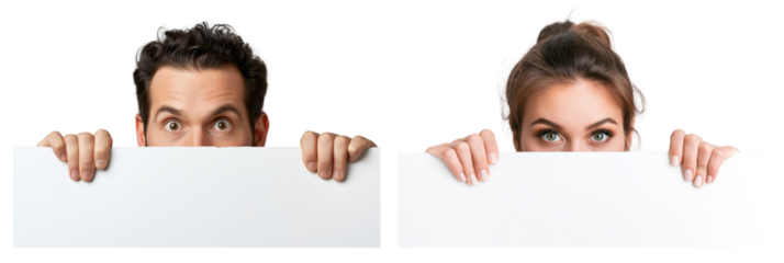 Man and Woman peeking over white sign, looking at camera with eyes wide open isolated white or transparent background, cutout PNG